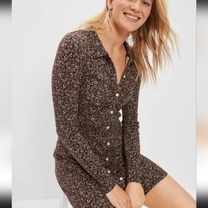 American Eagle Ruched Knit Button-Front Mini Dress in Brown Size XL